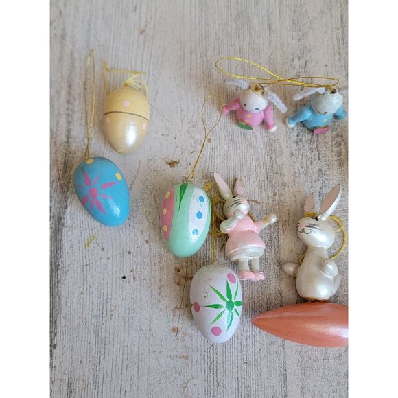 Vintage Easter Bunny carrot egg wooden miniature ornament spring set - Picture 3 of 7